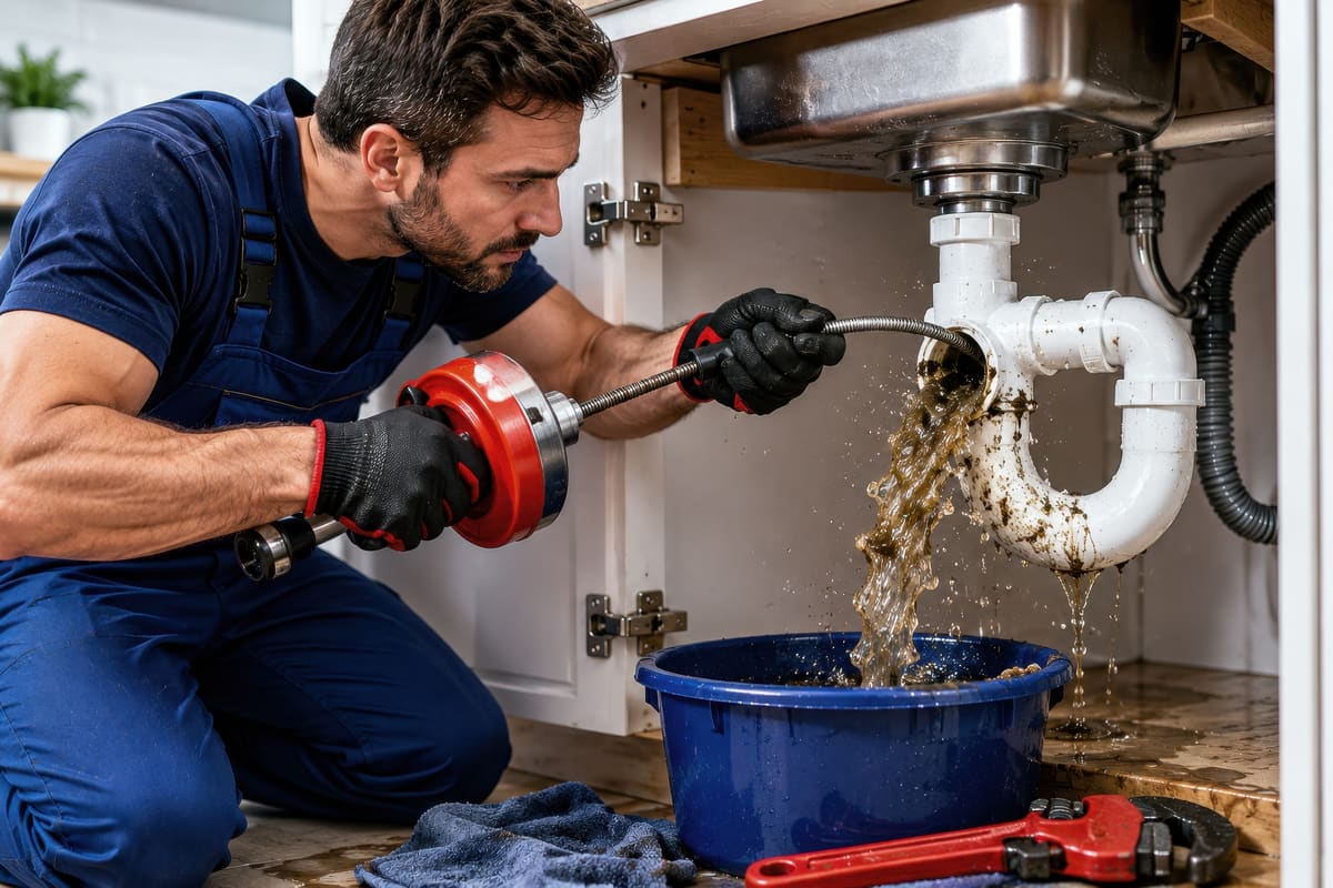 Plumber clearing a clogged drain line under a kitchen sink
