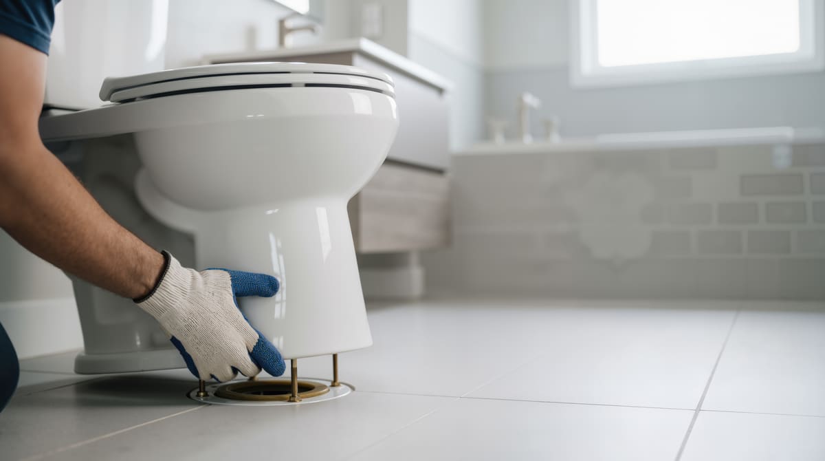 Plumber installing a new toilet